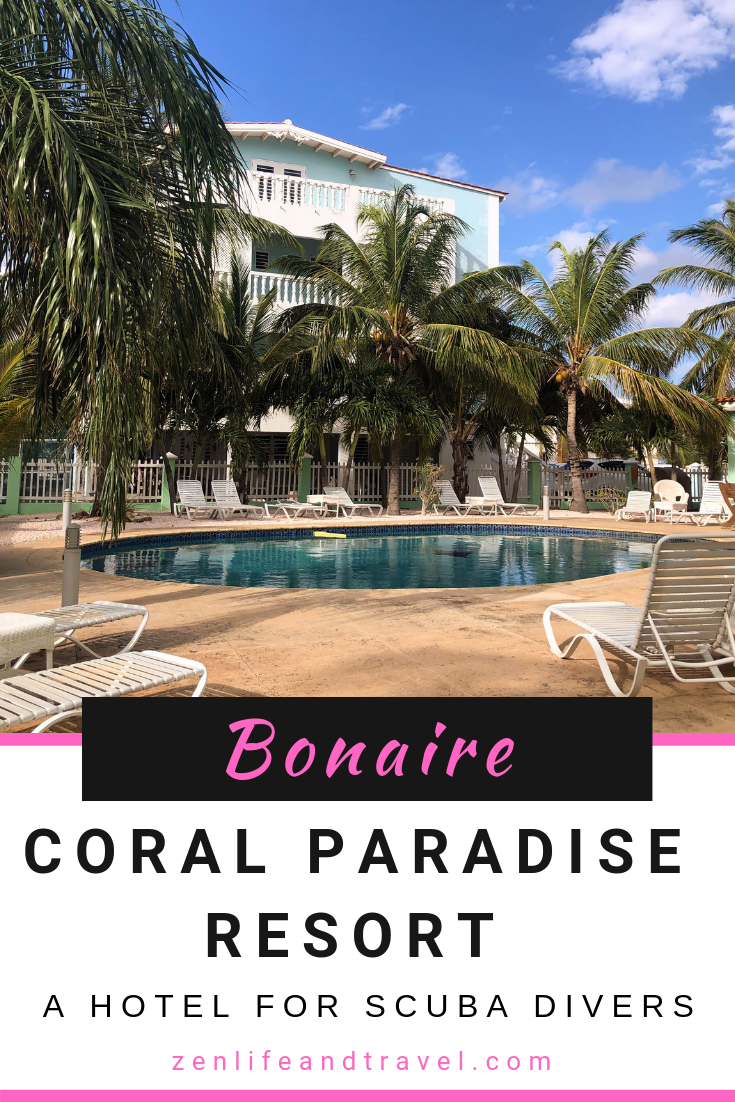 A review of the Coral Paradise Resort in Bonaire. If you are going to Bonaire to do some scuba diving, the Coral Paradise offers packages that include diving. Plus they have rinse tanks and lockers to store all of your gear. | #bonaire #scubadiving #hotelreview #coralparadiseresort #bonairehotels